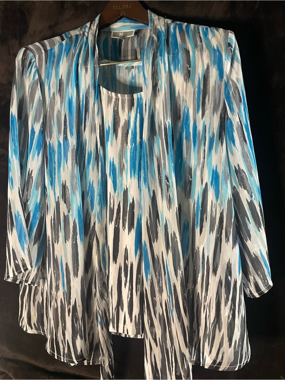 JM Collection Blue, Gray & White Printed Open-Front Tunic Set